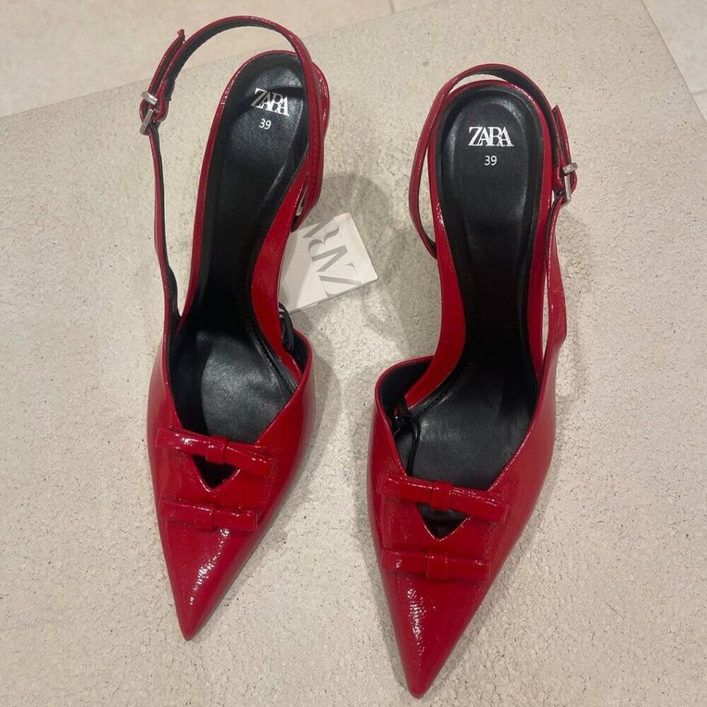 Zara Red Bow Slingback Heels Pointed Toe NWT - Picture 14 of 16